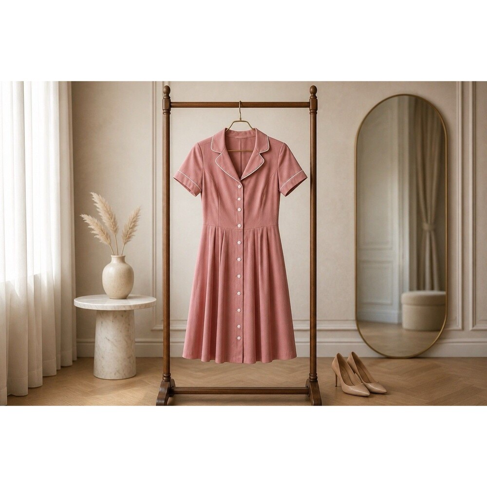 Gowntown Vintage 50s Salmon Pink Retro Rockabilly Pleated Collared Swing Dress L